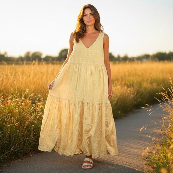 GAP Dresses & Skirts - GAP V-Neck Tiered Midi Dress Women Medium French Almond Yellow Cotton Sleeveless